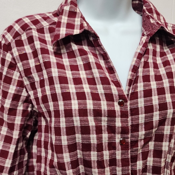 Christopher & Banks Burgundy Plaid Shirt Large Metallic Button Front Casual C449 - Picture 1 of 7